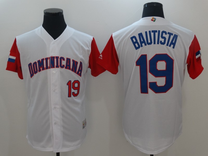 Men Dominican Republic Baseball #19 Jose Bautista Majestic White 2017 World Baseball Classic Replica Jersey->more jerseys->MLB Jersey